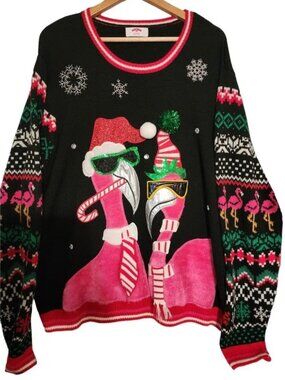 Pink Flamingo Holiday Time Novelty Ugly Christmas Sweater Women or Men Size XL